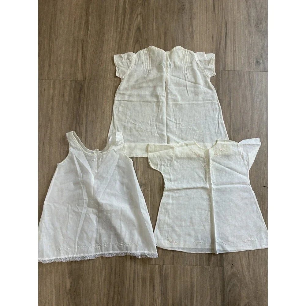 Lot of 3 Vintage Baby Dresses Day Gowns Handmade Embroidered White Pintuck